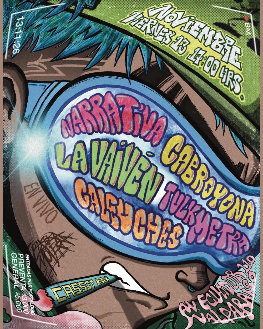 Flyer de VALPO IS YOURS CON NARRATIVA, CABRO YONA, LA VAIVÉN, TVLKMETRA Y CALEUCHES EN CASSOT