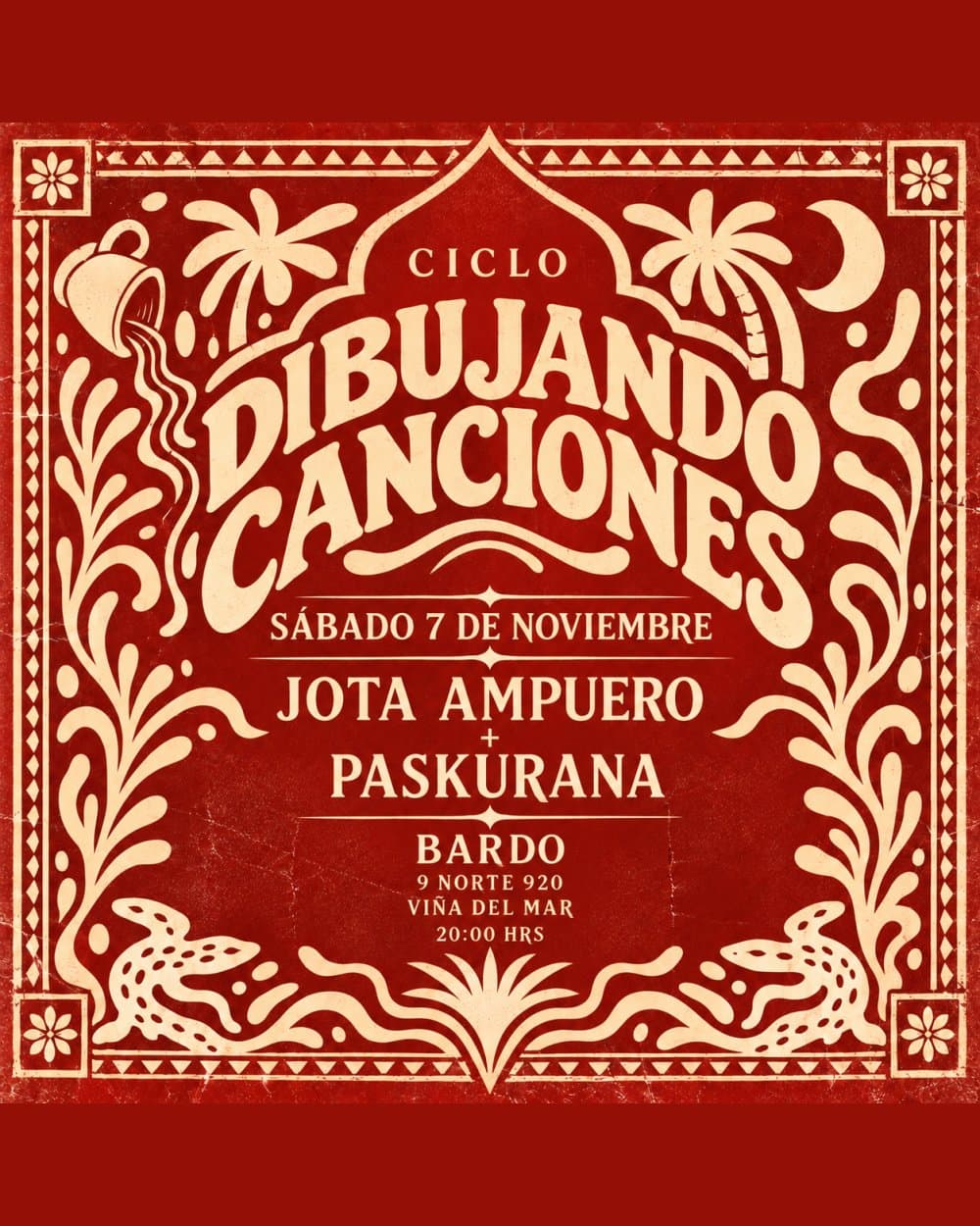 Flyer de PASKURANA Y JOTA AMPUERO EN DIBUJANDO CANCIONES, VIÑA DEL MAR